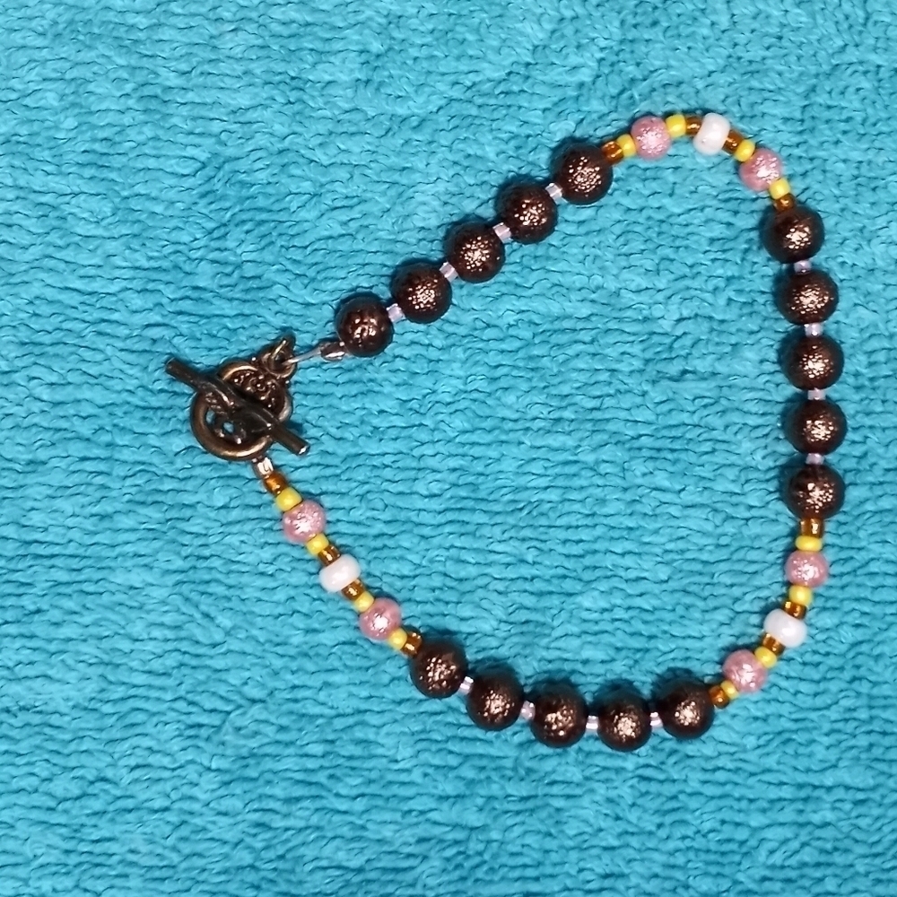 Beaded Bracelet with Toggle Clasp Vintage Brown Pink Yellow